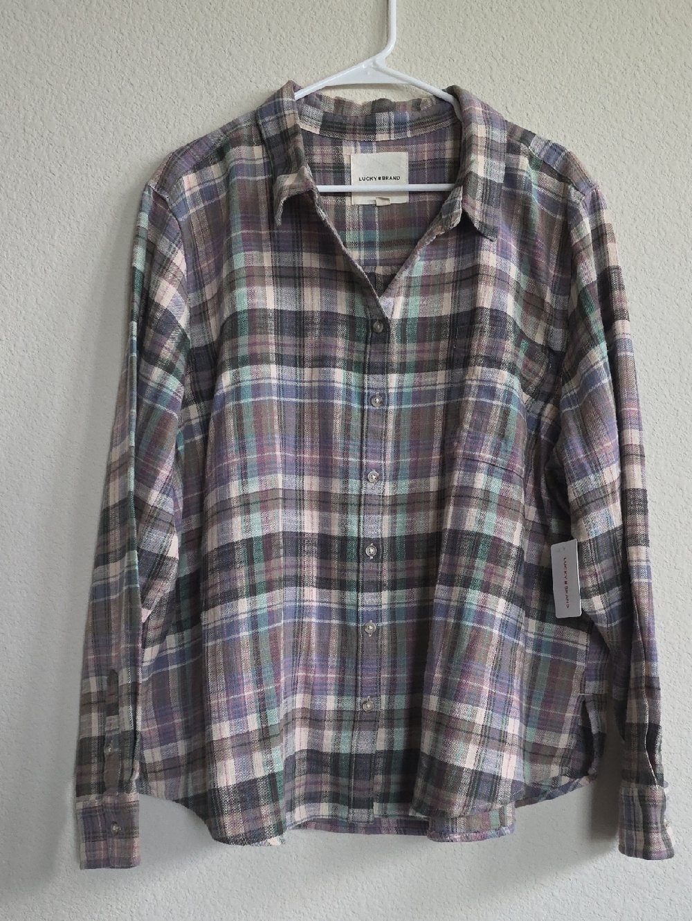 NWT Lucky Brand Oversized Plaid Button-Up Shirt in Lavender Sage Cream Sz XXL